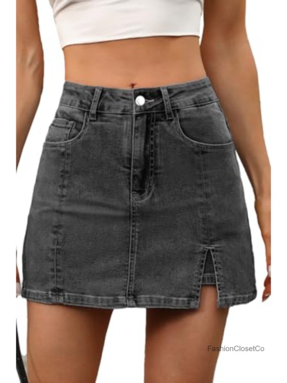Stretchy Denim Mini Skort with Pockets and Side Slit High Waist
